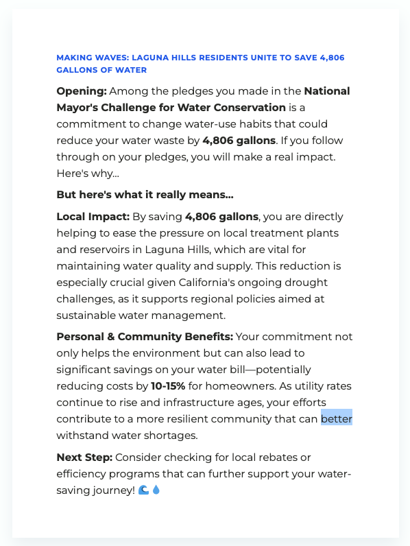 Example AI-generated localized impact insight report for a Laguna Hills, CA water pledge